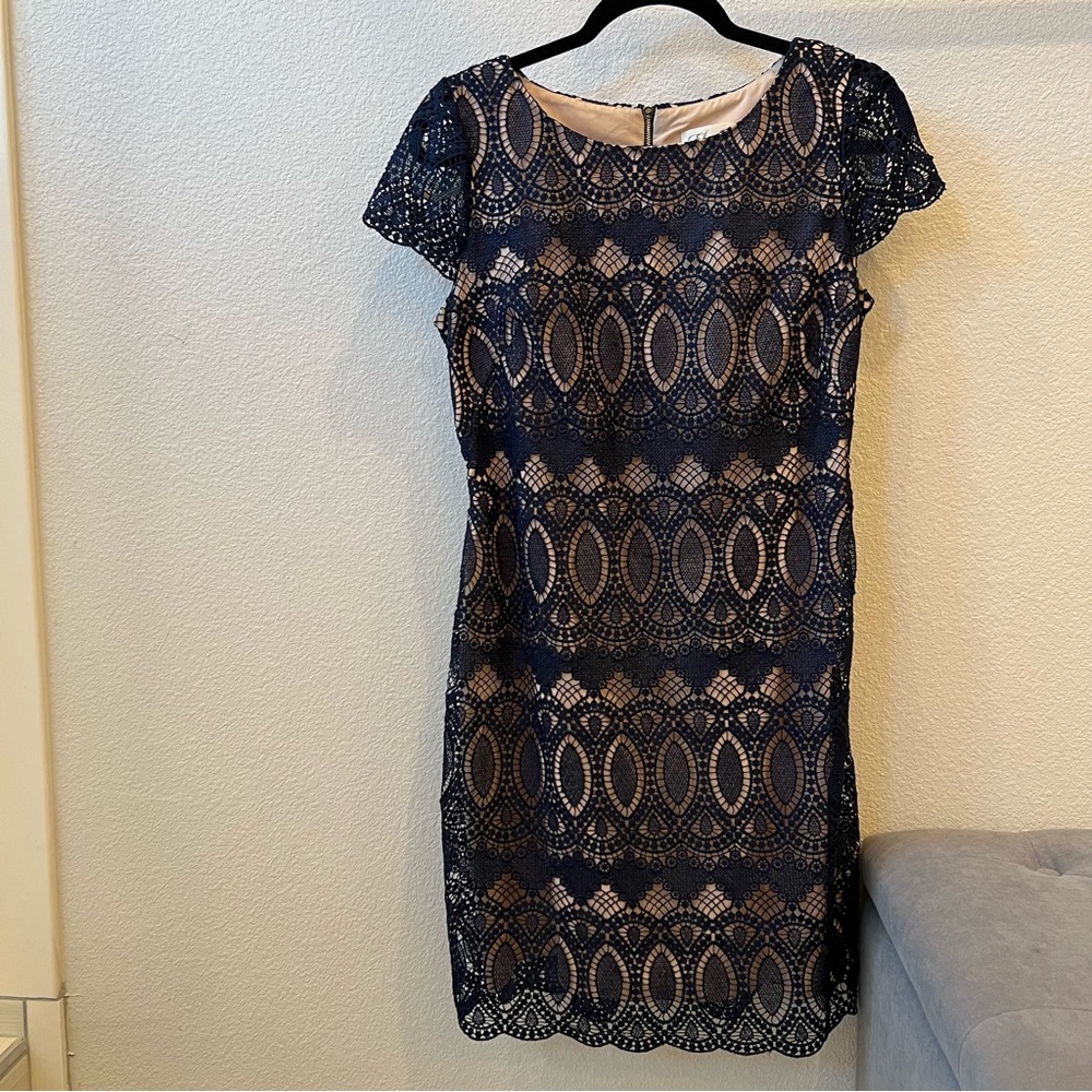 ELIZA J Navy Lined Lace Embroidered Dress